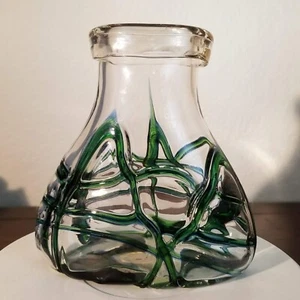 Hand Blown Art Glass Vase Clear Green Spiral Swirl Threaded Abstract - Picture 1 of 11