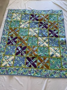 Handmade Double Sided Cross Quilt Blues Floral Pansy Edge 63x55" - Picture 1 of 10