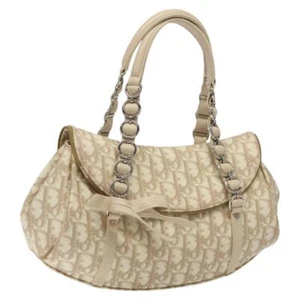 Christian Dior Trotter Canvas Romantic Shoulder Bag PVC Beige Silver Auth BD1939 - Picture 1 of 23