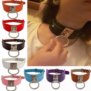 Damen Choker Punk Kunstleder Halskette großer Ring Schmuck OPTIONALE KETTE - Bild 1 von 11