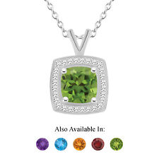 Sterling Silver 7mm Cushion Natural Peridot 1/7 CTW Diamond Pendant Necklace