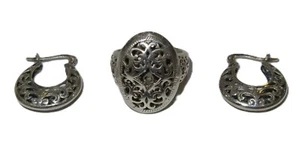 BEAUTIFUL & VINTAGE 925 STERLING SILVER OPENWORK EARRINGS AND RING SET - Picture 1 of 10