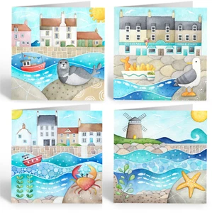 Seaside Greetings Cards (4 Pack) - Seagull, Seal - Scottish Paintings Beach Art - Picture 1 of 5