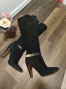 French Connection Knee-high Boots With Gold Buckle & Gold Mirror Heel UK 8 EU 41