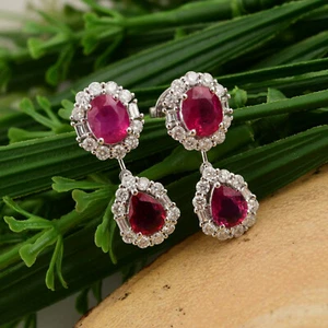 4.16 Tcw Lab Grown CVD Diamond Ruby Gemstone Dangle Earrings Gift 14k White Gold - Picture 1 of 10