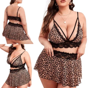 Plus Size Women Sexy Lingerie Set Leopard Lace Mesh Bra Panty with Mini Skirt US - Picture 1 of 36