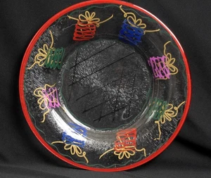 Clear Glass Reverse Painted Christmas Present Gift Box Gold Bow 8-1/2 Inch Plate - Picture 1 of 2
