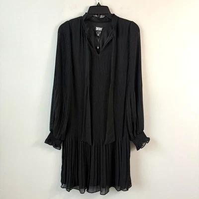 DKNY Pleated Tie Neck Shift Dress Black 4 - Image 1 of 4
