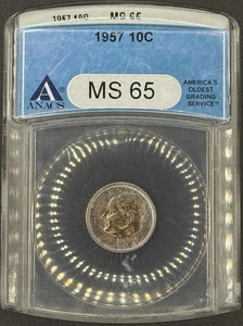 1957 ROOSEVELT SILBERGROSCHEN ANACS MS65 MIT LILA-BLAUER TÖNUNG 08C25 - Bild 1 von 4