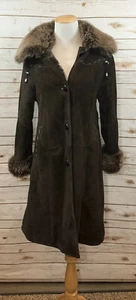 HARLIN Womens Medium Brown Suede Shearling Coat Jacket Long Hooded RV $1200 - Picture 1 of 11