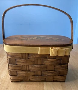 Vtg. ‘70’s? Handmade decoupage woven wood basket purse Ears Of Corn Gold Trim - Picture 1 of 12