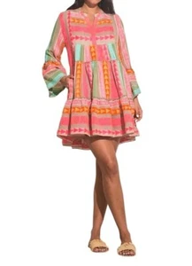 Anthropologie Luisa Perla Stufen Schlitz Ausschnitt Glockenärmel Azteken Tribal Kleid Small - Bild 1 von 16