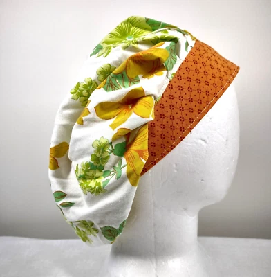 Bouffant Scrub Cap Chemo Hat Chef Handmade Cotton Orange Floral 23.5” to 33.5” - Image 1 of 4