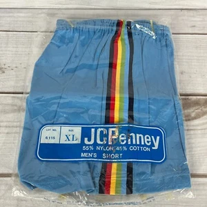 Neu aus altem Lagerbestand JCPenny Herren XL blau Regenbogen Nylon Baumwolle gestreift Shorts vordere Naht - Bild 1 von 4