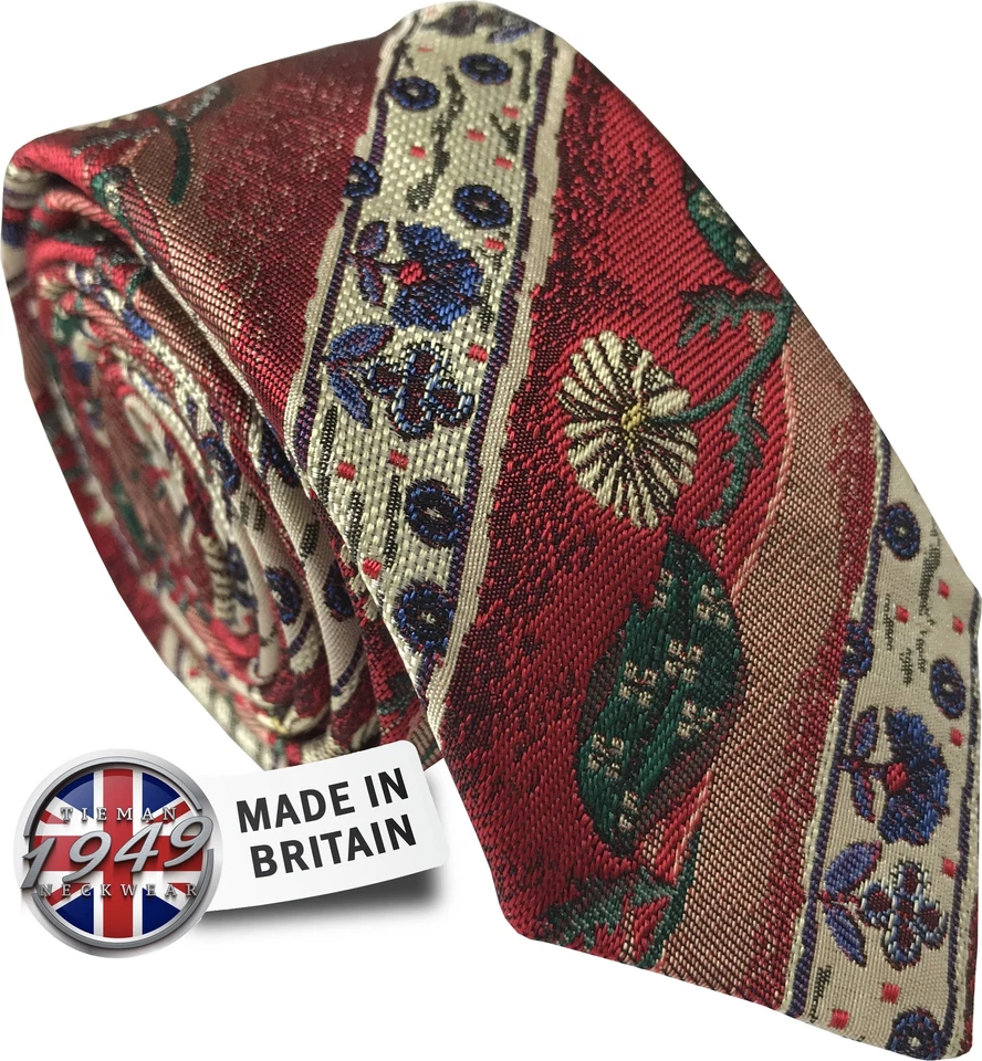 Red and Cream Stripe with Floral pattern Silk Skinny Tie - Image 1 of 1