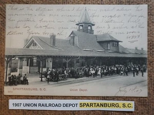 postale: 1907 UNION RAILROAD DEPOT SPARTANBURG, S.C. Cartolina LITHO con segregazione - Foto 1 di 2