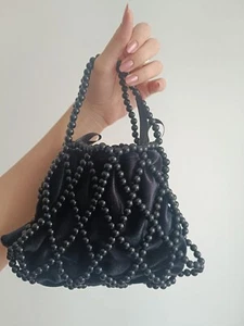 Handmade Black Pearl Beaded Bag – Party Bag, Velvet Lined Clutch, Bridal Bag - Picture 1 of 2