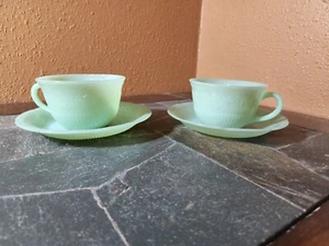 Anchor Hocking ALICE JADE ITE Cups and Saucers Set of 2 - Picture 1 of 5