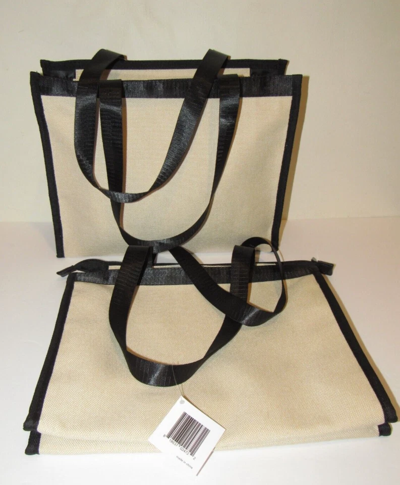 2 Canvas Bag Set Macy's Beige Black Shopping Tote Handbag Purse Bags Cream