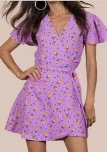 Silk Fred Dancing Leopard Wrap Dress 8 Floral Purple Lilac Summer Mini MAE - Picture 1 of 11