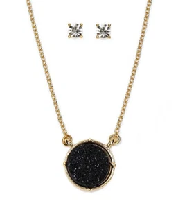 Druzy Halskette schwarz rund Druzy Anhänger und Kristall Ohrringe Set goldfarben - Bild 1 von 1