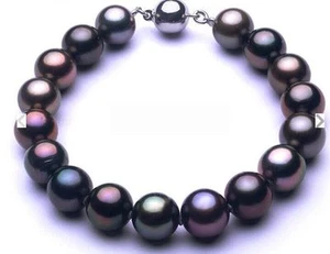 Natural 7.5"-8"9-10MM GENUINE tahitian black redish round pearl bracelet - Picture 1 of 2
