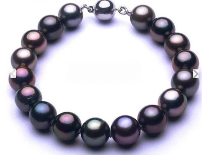 Natural 7.5"-8"9-10MM GENUINE tahitian black redish round pearl bracelet - Image 1 of 2