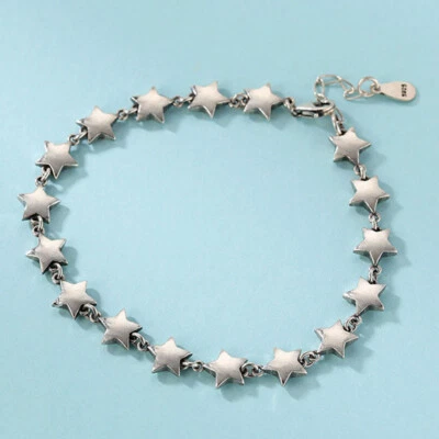 Real Pure S925 Sterling Silver Chain 7mm Five Star Link Bracelet 6.7-7.5in L - Image 1 of 4