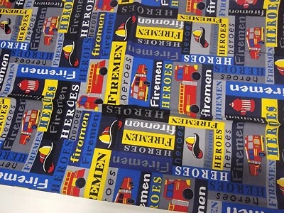 Firemen Heroes Cotton Fabric Firetruck Hat Hydrant 20 Inches Remnants New - Image 1 of 2
