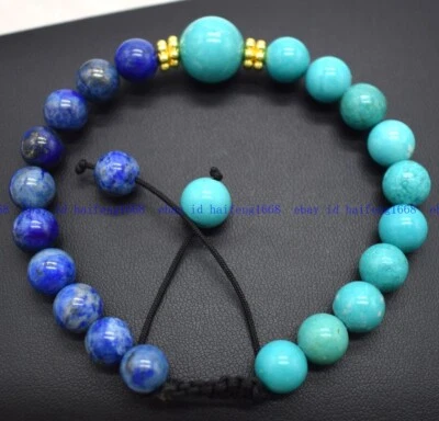 Natürliche 10mm Blau Lapis Lazuli/Blau Türkis Rund Edelstein Perlen Armband 19cm - Bild 1 von 4