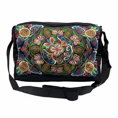 Embroidered Floral Crossbody Bag Floral Mandala Design 3 Pockets Adj. Strap - Image 1 of 4