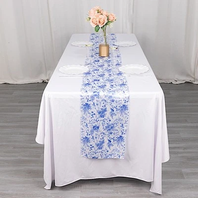 12"x108" WHITE BLUE Floral Satin TABLE RUNNER Wedding Linens Party Decorations - Image 1 of 4