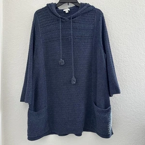 Pure Jill Hooded Knit Tunic Sweater Womens XL Blue Pockets Lagenlook Cozy Granny - Picture 1 of 10