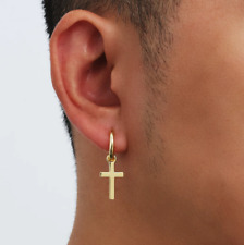 Charm Cross Dangle Solid 10K Yellow Gold Men's Single Earring- 1 PIECE ONLY