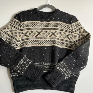 Maglione donna vintage lavorato a mano lana Med Fair Isle grosso grigio marrone sci pesante - Foto 1 di 7