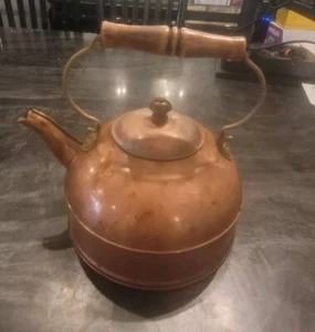 Vintage Solid Copper Tea Pot Kettle , Wooden Handle & Knob - Picture 1 of 10