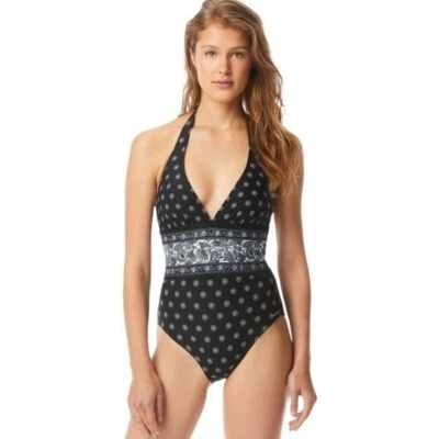 Traje de baño Michael Kors Sunny Batik borde de una pieza cuello halter negro blanco talla 4 Foto 1 de 4