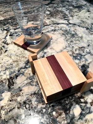 4 Exotic Wood Coaster Set w Stand - Image 1 of 2