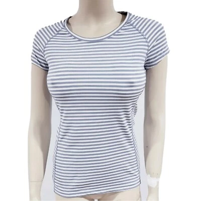 MPG Womens Gray White Striped Workout Shirt Stretch Short Sleeve Tshirt Small  - Image 1 of 4