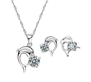 KINDER SCHMUCKSET DELFIN KETTE SILBER OHRRINGE HALSKETTE MÄDCHEN SET DELPHIN - Picture 1 of 4