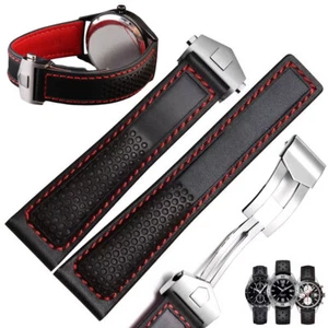 22 20mm Black Leather Watch Strap For Tag Heuer Carrera Monaco F1 w/ Red Stitch - Picture 1 of 13