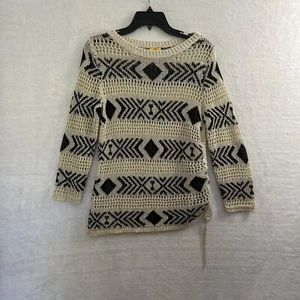 Ruby Rd Sheer Mesh Sweater Top Womans Petites Large Geometric Beige Long Sleeve - Picture 1 of 7