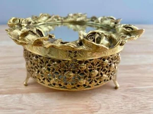 Vintage Hollywood Regency Gold Filigree Glass Mirror Trinket Jewelry Box - Picture 1 of 8