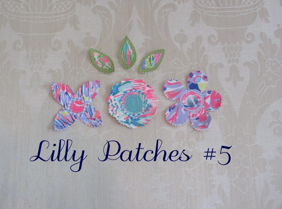 Preppy Lilly Pulitzer Fabric Patches  Applique Flowers Leaves Pink Lilac Blue #5 - Image 1 of 4