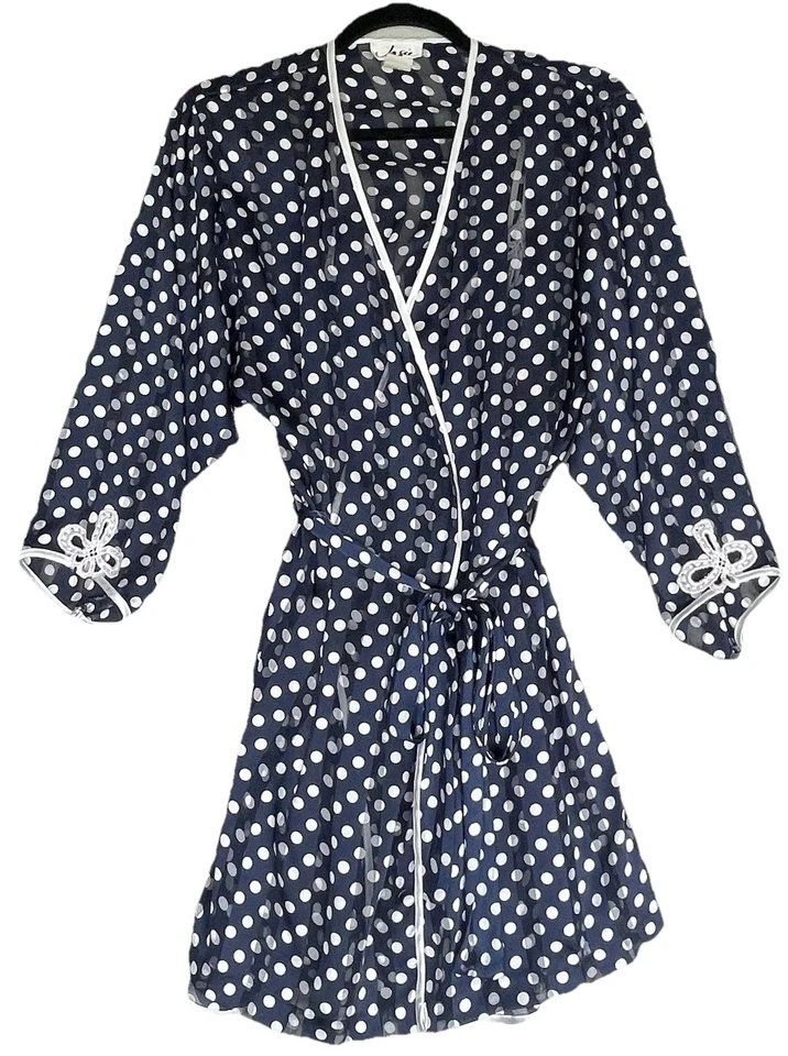 Vintage Josie Robe Set Small Blue Polka Dot Lingerie Babydoll Chemise Sheer Slip - Image 1 of 4