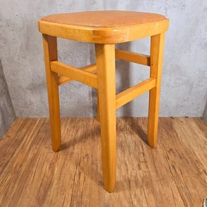 Vintage Retro Solid Wooden Mid Century Modern Vinyl Kitchen Stool Seat - Picture 1 of 15