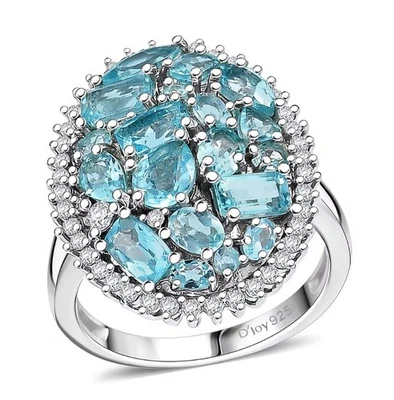 Cluster Betroka Blue Apatite & Moissanite Sz9 Ring Rhodium Over Sterling Silver - Image 1 of 4