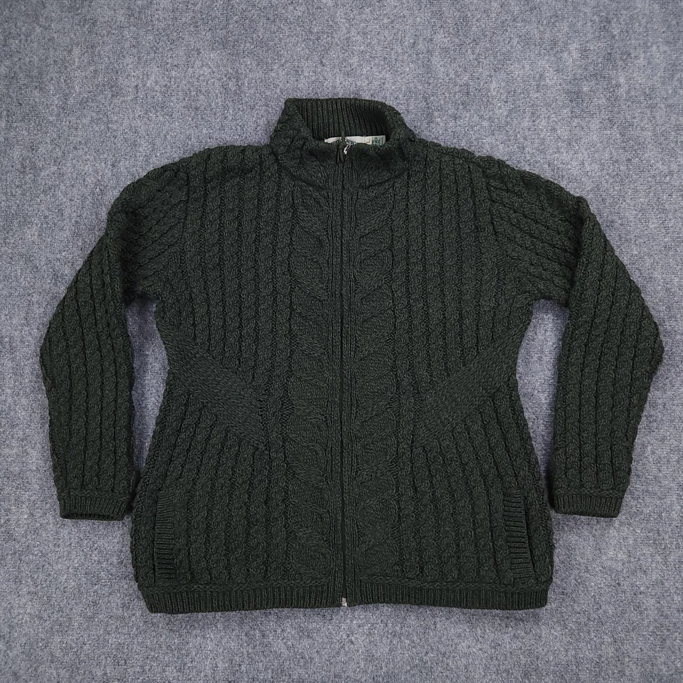 Aran Crafts Sweater Womens Large Green Cable Knit Full Zip Merino Wool Ireland - Image 1 of 4