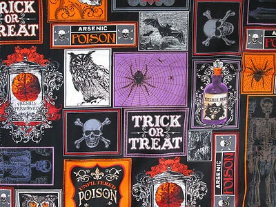 POTIONS SPELLS CROWS SKULLS EDGAR ALLEN POE COLOR COTTON FABRIC FQ - Image 1 of 4