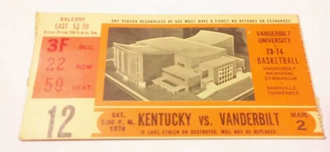 1973-74 Vanderbilt Commodores Kentucky Wildcats Basketball Ticket Stub Cover